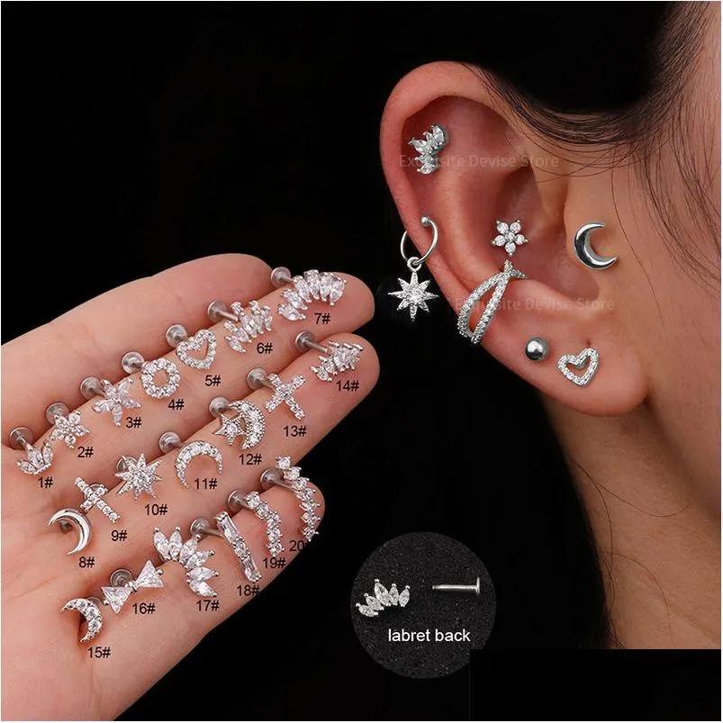 Stud New 1Pc Sier Color Stainless Steel Ear Cartilage Helix Screw Back Earring Cz Tragus Rook Conch Piercing Jewelry Drop Delivery Ea Dheda