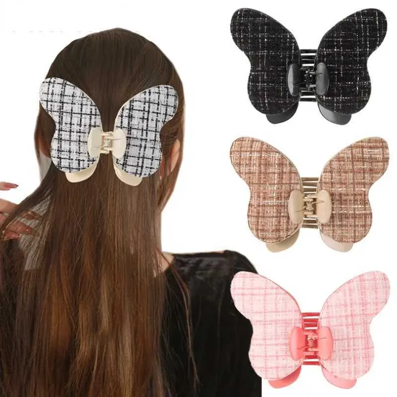 Klammern große Schmetterlingshaarklammern für Mädchen Little Grid Temperament Mode Hai Clip Barrette Claw Clip Frauen Haarzubehör Y240425