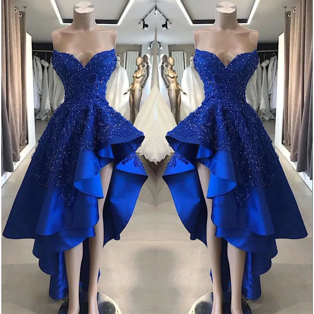 A Royal Satin Blue Strapless Line Long Prom Dresses 2019 Beaded Stones High Low Formal Party Wear Evening Gowns Bc1866