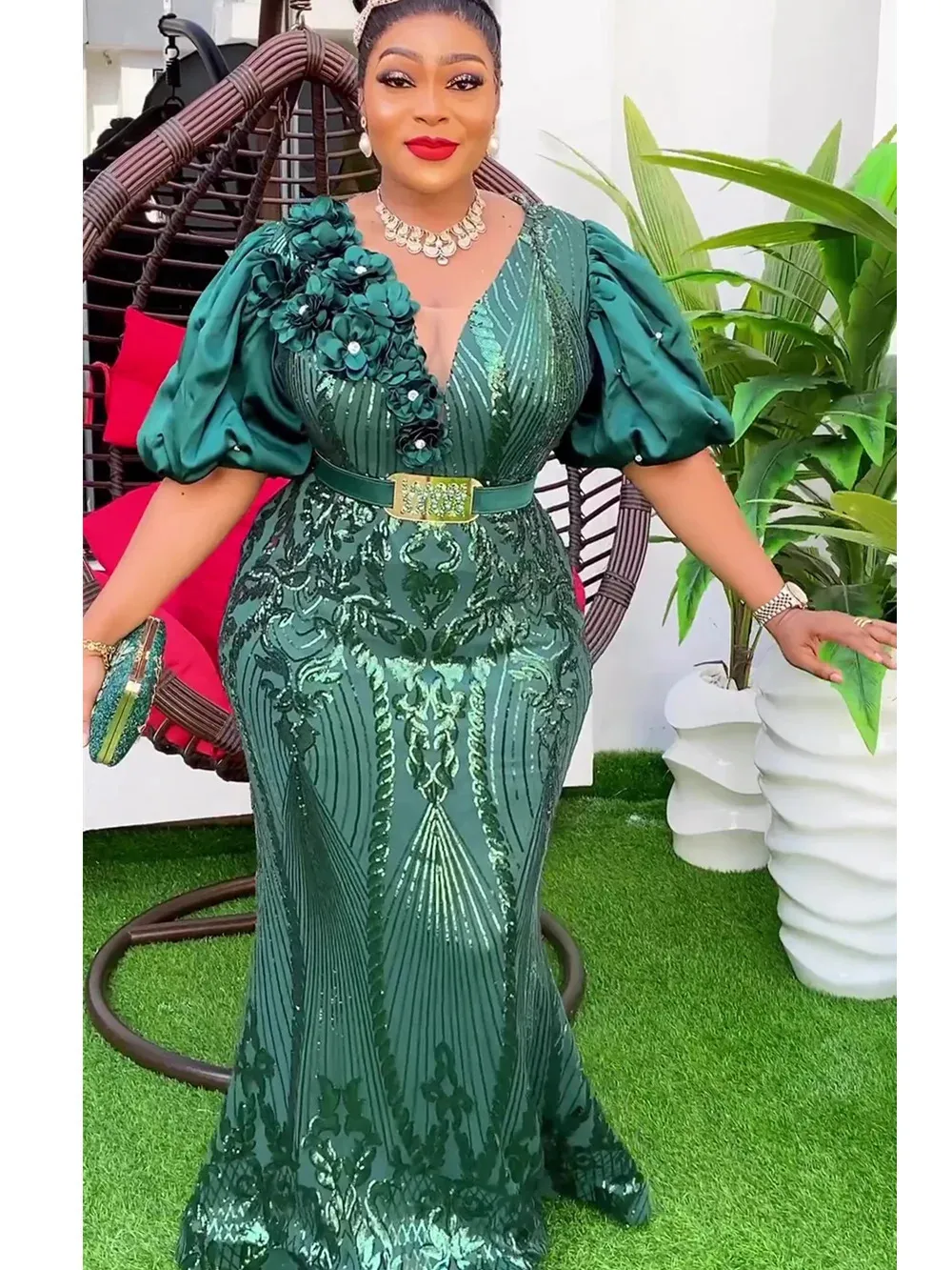 Sexy Plus Size African Plus Size party clothes: Dashiki Ankara Sequin Maxi Gown for Weddings and Evening Events (240423)