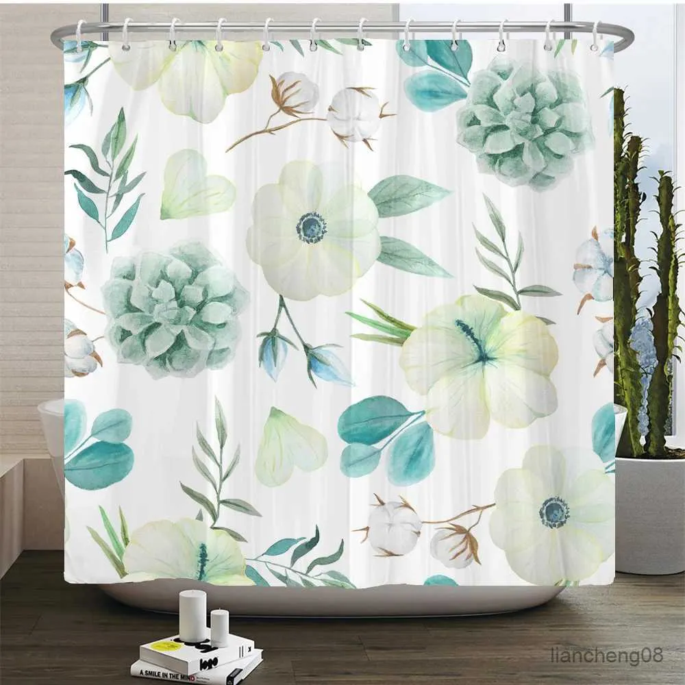 Cortinas de chuveiro cortinas de chuveiro estampadas em 3D Flores frescas Telas de banheiros plantas decoração de banheiro à prova d'água com 12 ganchos cortina de chuveiro