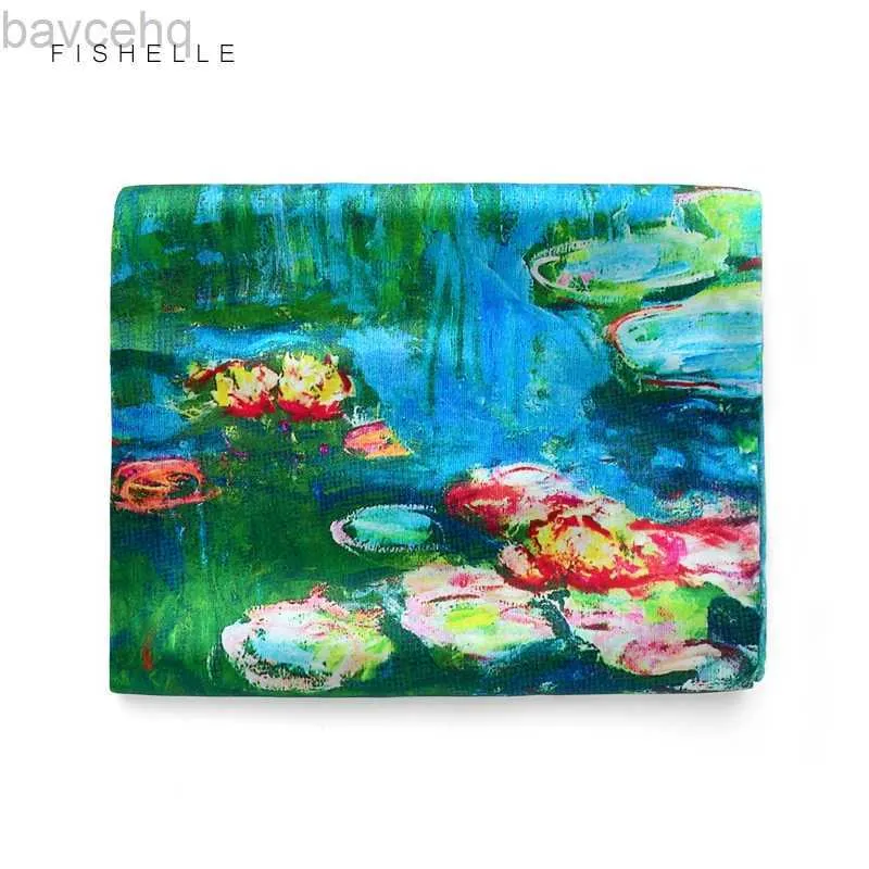 Shawls Blue green oil painting water lily natural silk scarf female wrap real silk scarves ladies summer autumn women shawl d240426