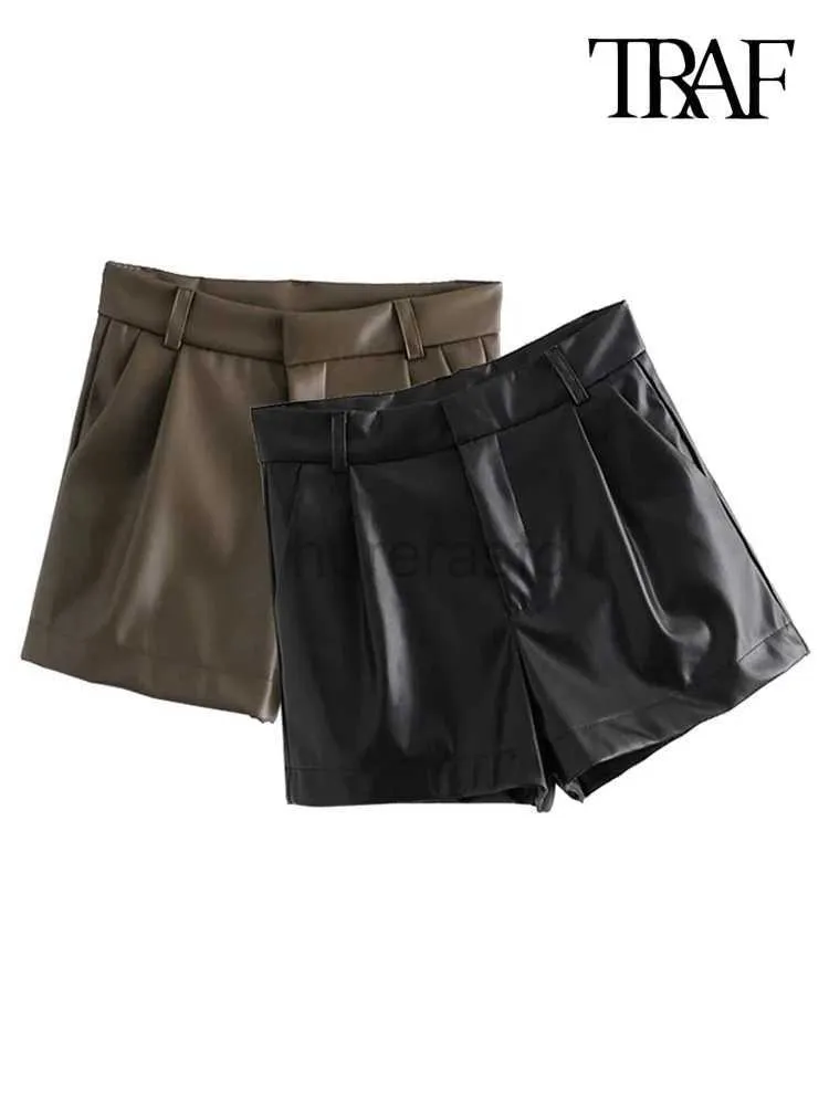 Shorts femininos traf mulheres chique na moda lateral bolsões de couro falso vintage cintura alta zíper feminina calça curta mujer d240426