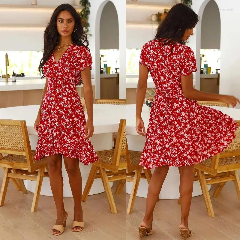 Partykleider Sommer Schlanker V-Ausschnitt Print Midi Kleid Frauen lässige Kurzarm Rüschen Kniebild Blumenstrand Schöne sexy Damen Vestidos