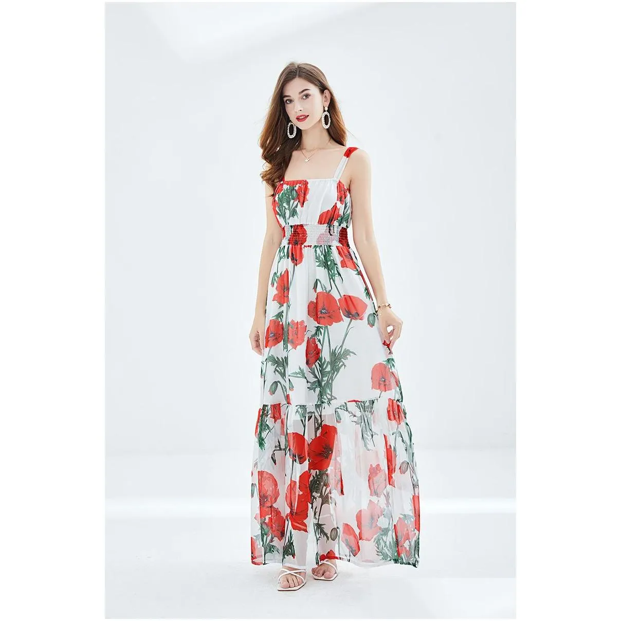 Basic casual jurken 2023 Zomerbaan Y Strand Backless Dress Dames Spaghetti Riem Red Flower Print Taille Elastic Camisole Party Dr Dhrbj