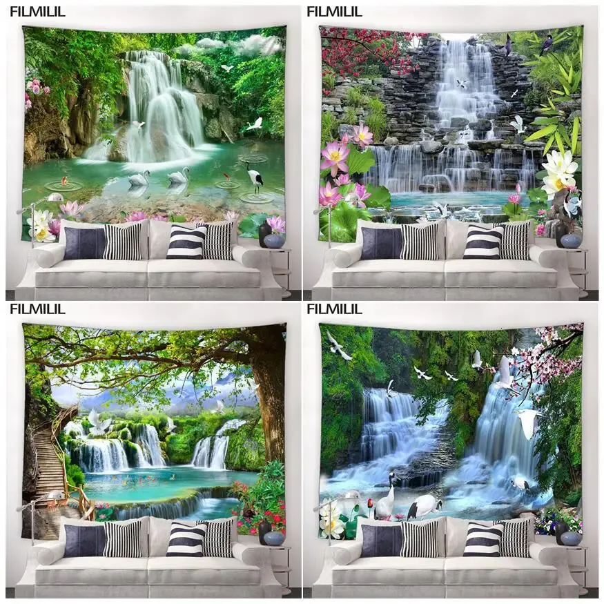 3 -й водопад психоделический гобелен стена, висящая природное пейзаж китайский стиль гобелена цветы хиппи гостиная ткань 240415