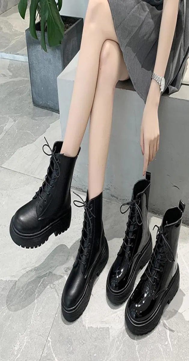 Stövlar 2021 Autumn Woman Motorcyle Chunky Lace Up Ankel Boot Black Platform Shoes Casual Riding Punk Botas Mujer 8744C5146090