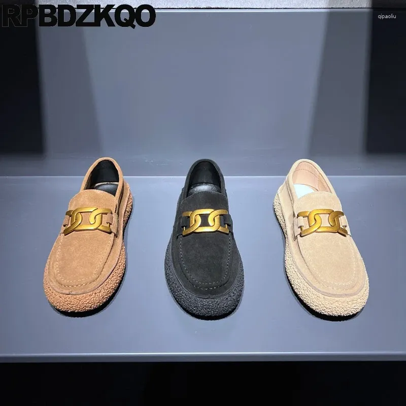 Casual Shoes Suede Fashion Men Slip On European Metal Latest Stylish Leisure Loafers Brown Flats Rubber Sole Round Toe Trend