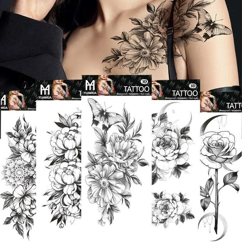 Tatuaż Tattoo 1PC Black Flower Art Body Waterproof TettaToos Kobiety chłodny wąż piękno seksowna róża lampa błyskowa fałszywa moda z rękawem rękawów 240427