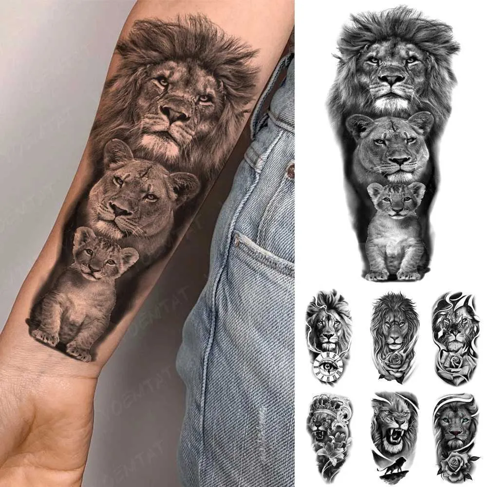 Tattoo Transfer wasserdichte temporäre Tattoo Aufkleber Lion Lion Leopard Familie Tiger Wolf Rose Flash Transfer Tatto Frauen Männer Arm Körperkunst falsche Tattoos 240427