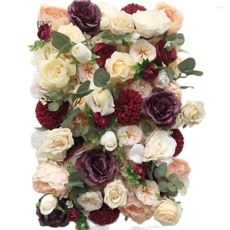 Dekorativa blommor Konstgjorda siden Rose Plants Rolled Flower Wall Panels Up Hall Wedding Backdrop Decoration for Event Champagne Bourgogne