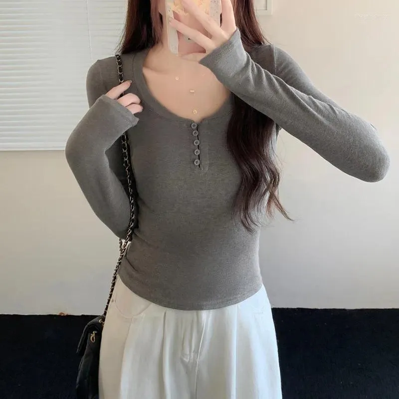 Women's T Shirts 2024 Women Tops T-shirt Long Sleeve Buttons Casual Crop Solid Cotton Soft Sexy Clothing Costume