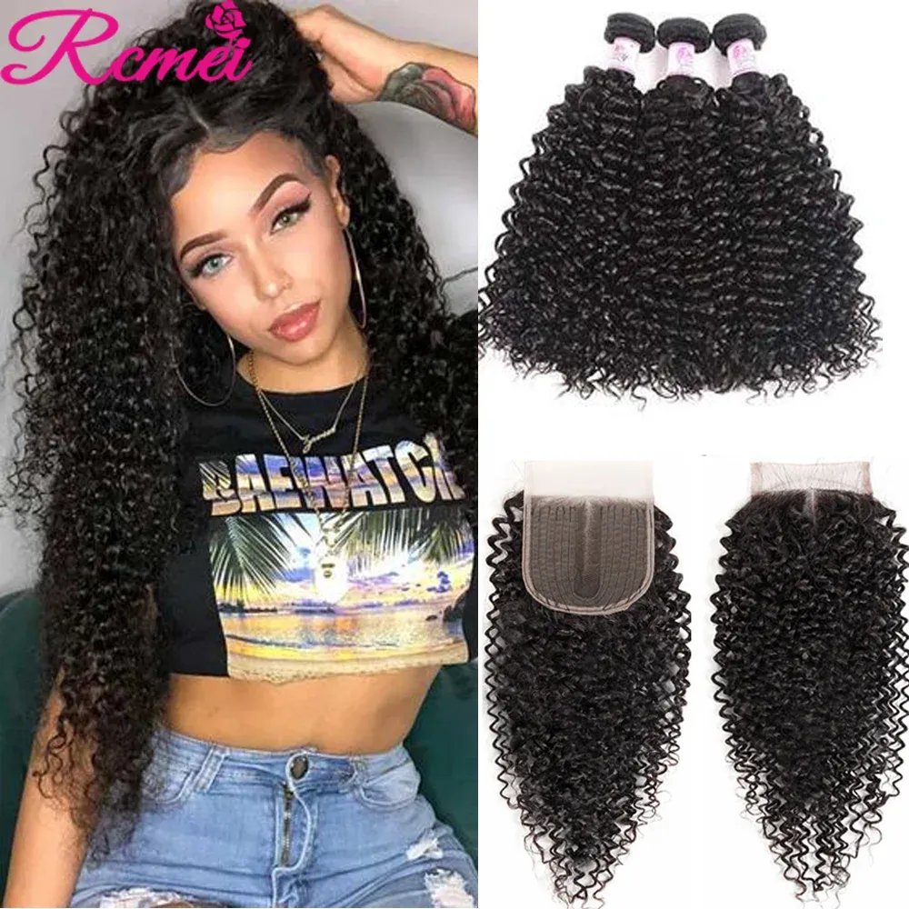 Wigs 40" Deep Curly Wave Bundles With Closure Brazilian Bundles With 5x5x1 Closure Kinky Curly Human Hair Bundles With Closure Remy