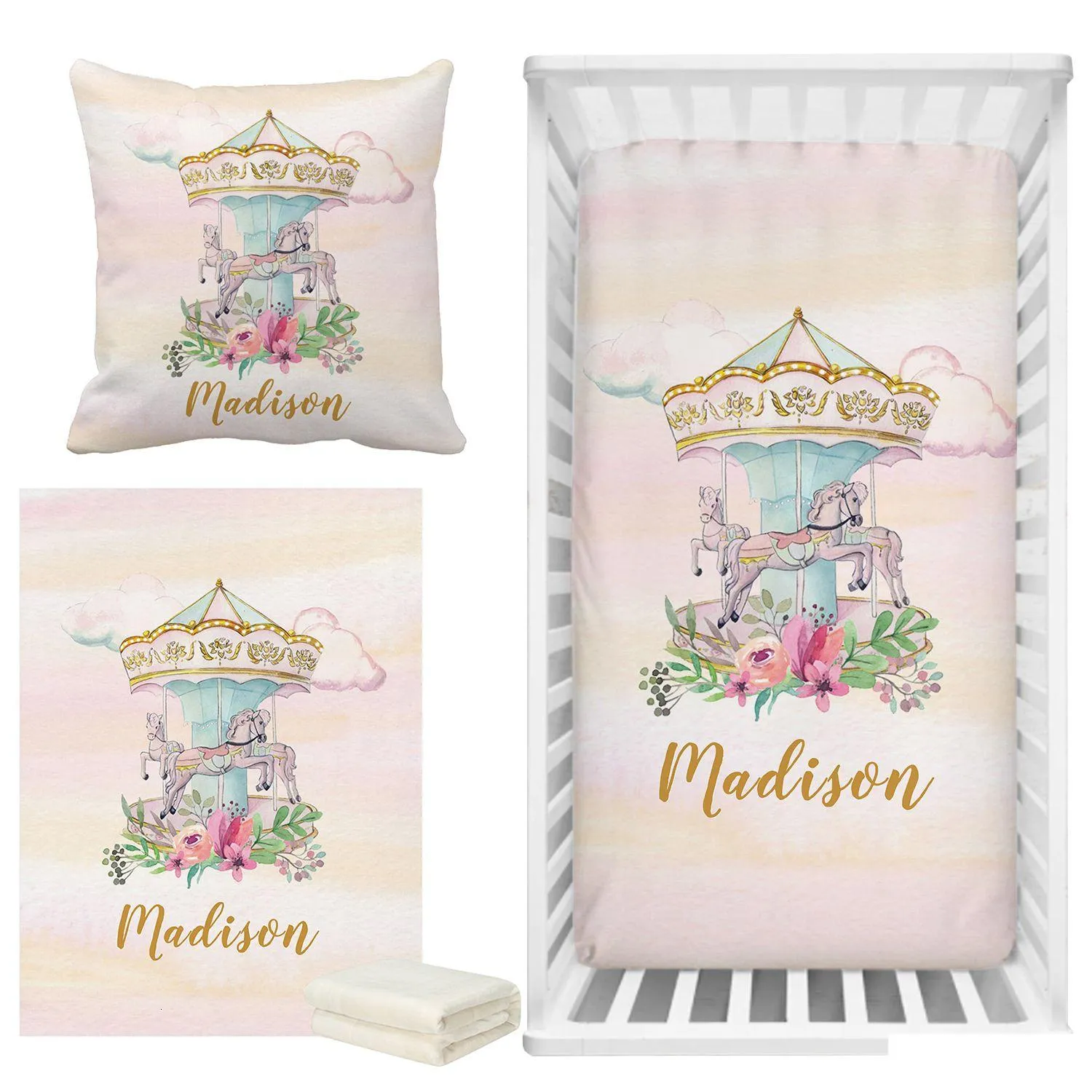 Постилочные наборы yziho beautif floral carousel custom name set set baby shower подарок 230809 Доставка Доставка Домашний сад.