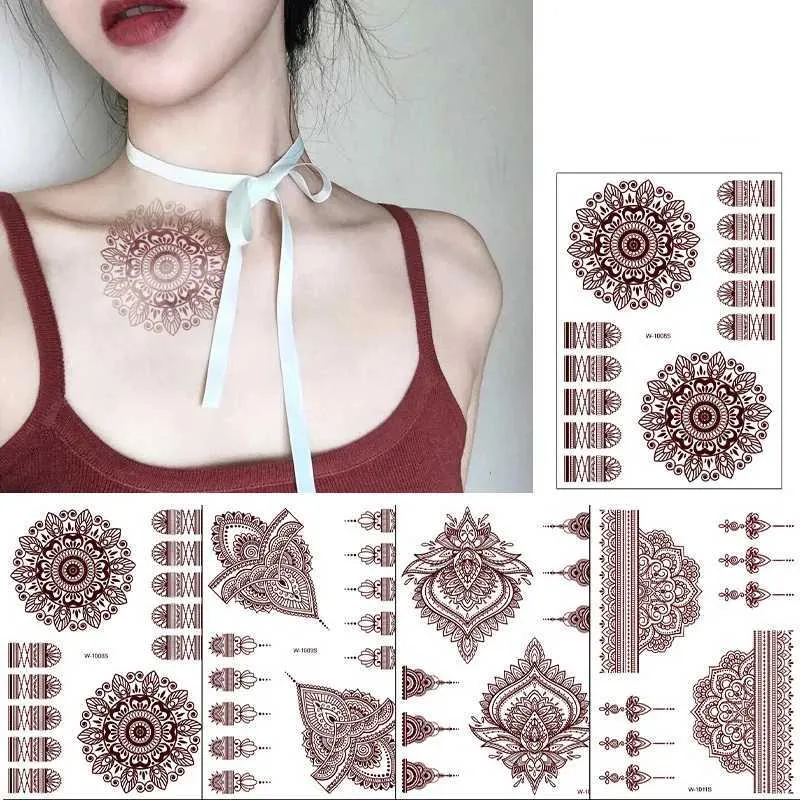 Tattoo Transfer Henna Tattoo Brown Red Tattoo Sticker Temporary Fake Tattoo Lace Floral Totem Temporary Waterproof Body Art Long Lasting Sticker 240426