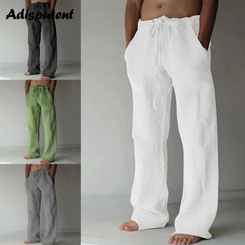 Mens Summer Casual Pants Daily Wear Solid Full Length Soft Linen Mid Waist Pocket Drawstring Trousers Streetwear Bottom 240425