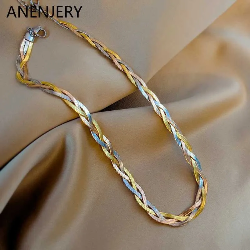 Strängar Anenjery 316L rostfritt stål Tricolor Handgjorda vävda halsband Europeiska och amerikanska kubanska kedjor Womens Party Jewelry 240424