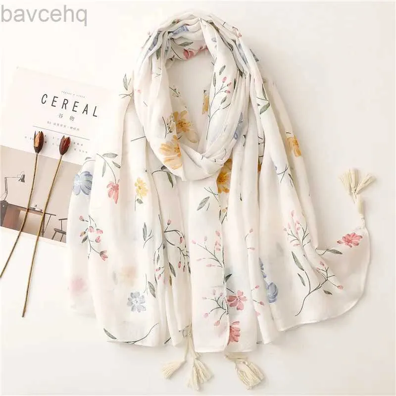 Shawls Soft Viscose Cotton Tassel Shawl Floral Printed Hijab For Woman Muslim Casual Long Scarf Decorate Ladies Headband wraps 190*90cm d240426