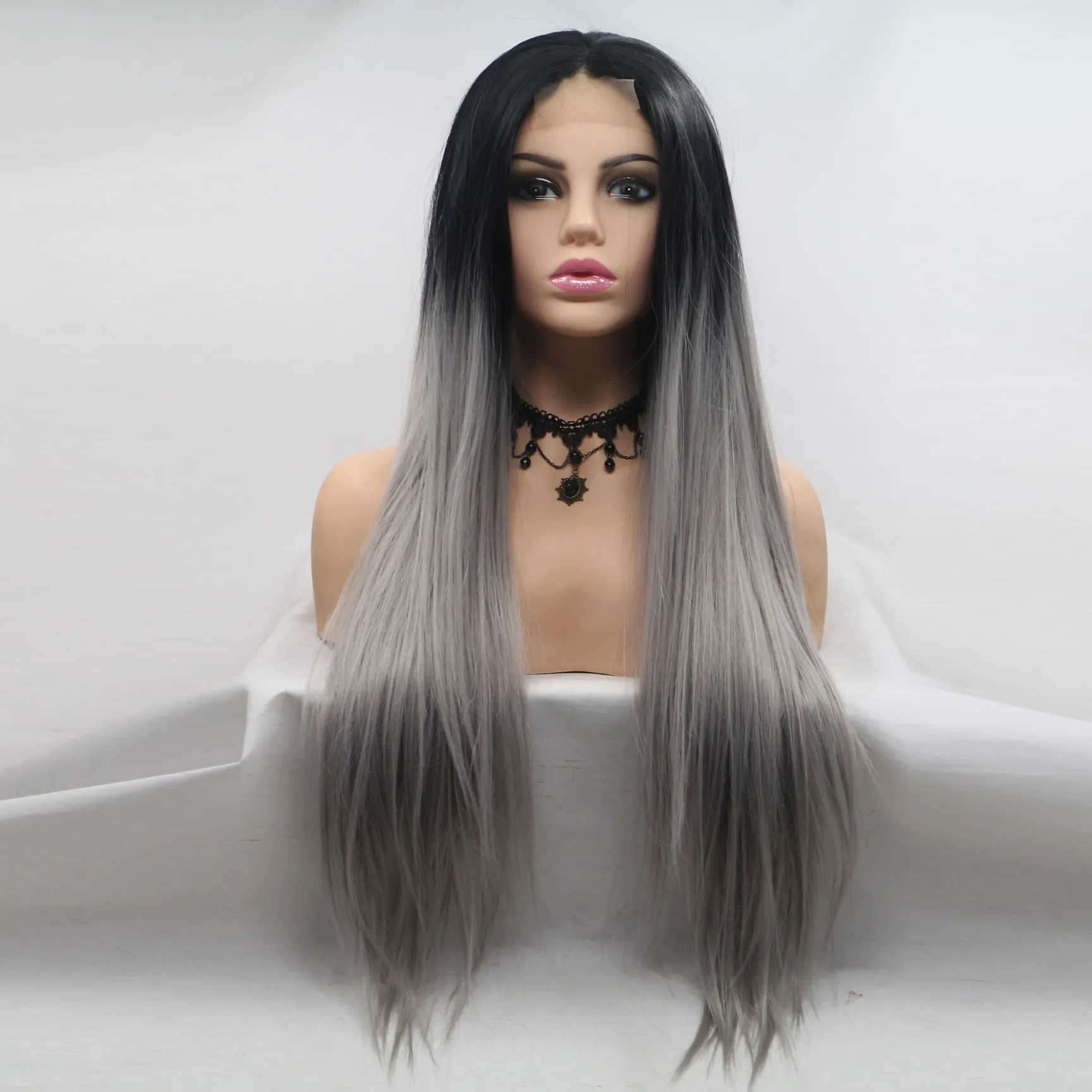 New black and gray dyed color fully machined wig lace hot selling straight hair gradient color chemical fiber high temperature wire