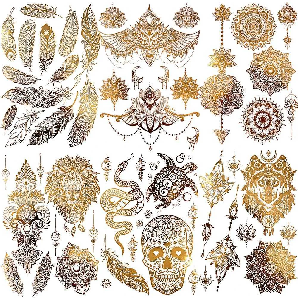 Tattoo Transfer Golden Feather Lion Temporary Tattoos For Women Adult Realistic Fake Mandala Flower Snake Tattoo Sticker Bracelet Washable Tatoo 240426