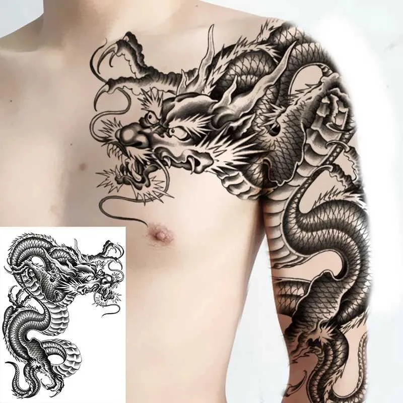 Tattoo Transfer Tatoos temporales für Männer Schulter Tattoos Dragon Schwarze große Tattoo und Körperkunstaufkleber Jungen Tattoo Stammesdesigns Herrenabziehbilder 240427