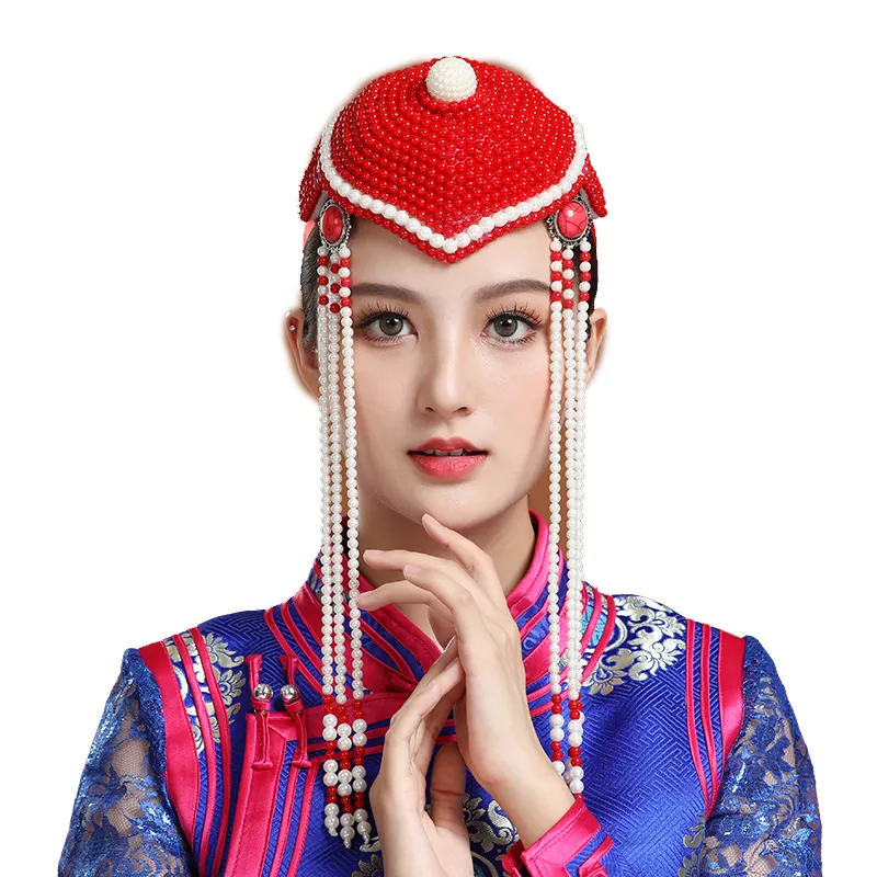 Mongolisk hatt för kvinnor scendans färgglada prestanda kostymtillbehör bröllop brud krona prinsessan cosplay huvudbonader
