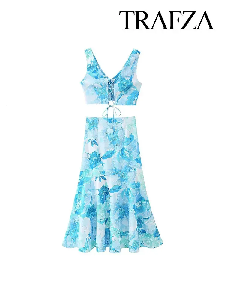 Trafza Floral Imprimé Blue Vestskirt Two-Piece Set pour les femmes 2024 STRAP CRARDÉ SUMBRE SLIM HIGH TAIN