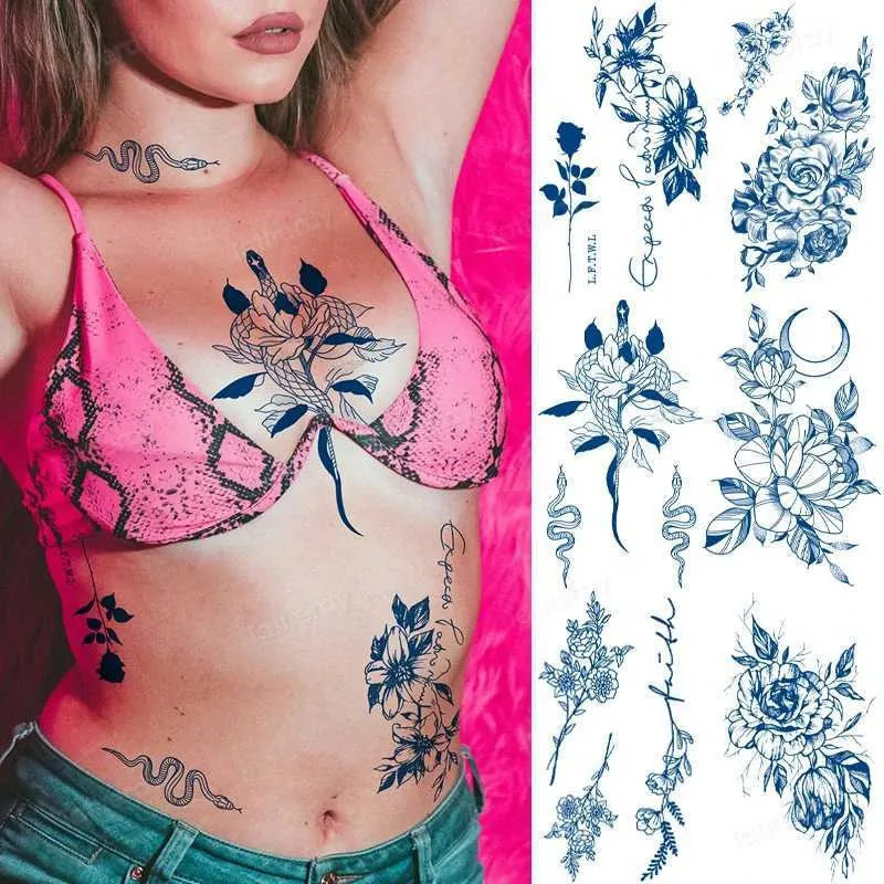 Tattoo Transfer Juice Tattoo Stickers Net beroemdheid Bloemen Tattoo Fake Long duurt 15 dagen Natuurlijke kruiden Semi-permanente tattoo Tijdelijk blad 240427