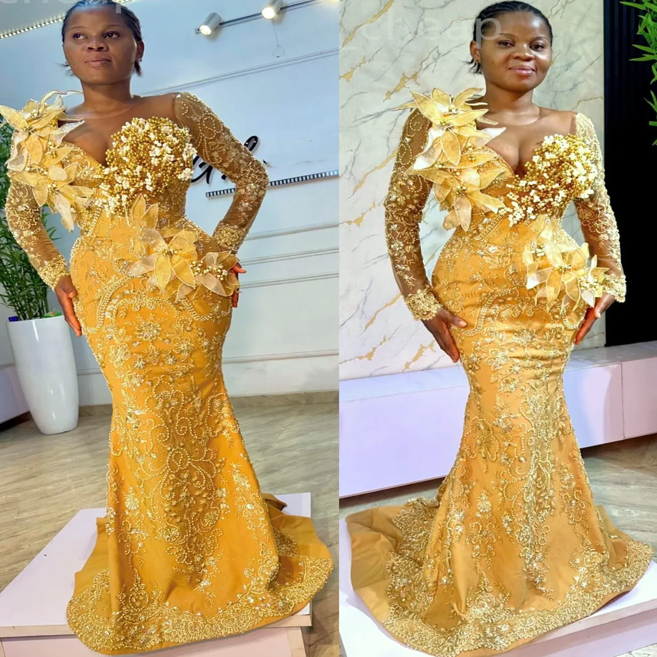 2024 ASO EBI Gold Florals Sirène Sirène Robe Perls Perls Perge Soirée formelle Fête Deuxième réception 50e anniversaire Robes de fiançailles Robe Robe de Soiree ZJ330