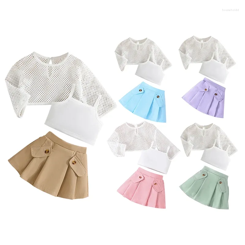 Clothing Sets Summer Baby Girls Long Sleeve Hollow Tops Solid Color Vest Pleated Skirt 3Pcs Suit Children Fashion Kids Outfits