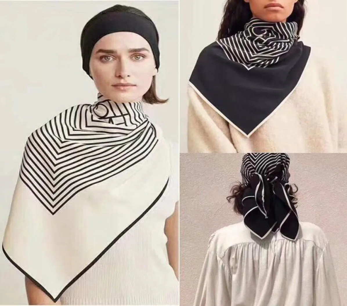 Écharpe de soie d'automne simple printemps Femmes Silk Black and White Striped Wild Shek Scarf Fashion Accessoires 3514982