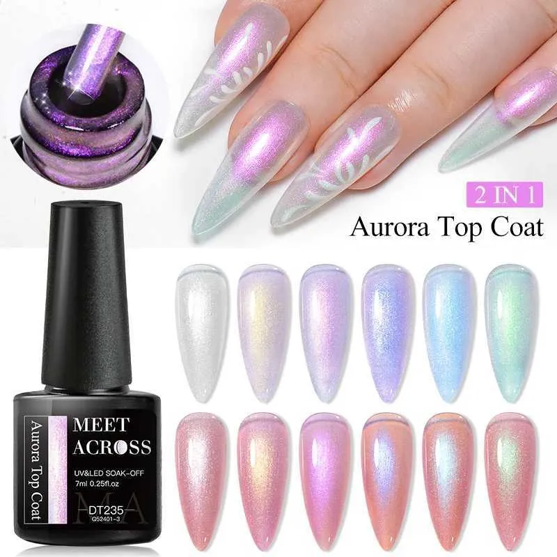 Nail Polish MEET ACROSS 7ML Aurora Top Coat 6 Colors Reflective Glitter Gel Nail Polish Semi Permanent UV Gel Nail Art Design For Manicure Y240425