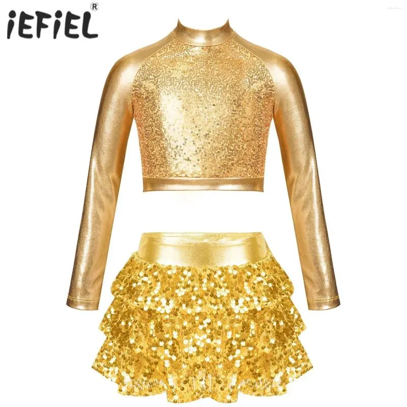 Bekleidungssets Iefiel Kids Girls Metallic Pailletten Latin Dance Kostüm Jazz Hip Hop Outfift Long Sleeve Crop Top mit Rock -Set -Bühne