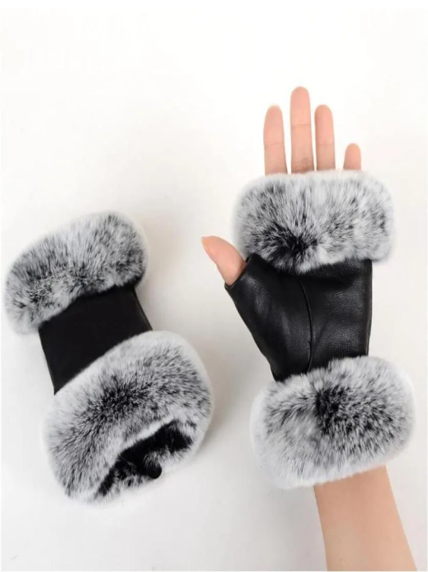 Utomhus Autumn och Winter Women039s Sheepskin Gloves Rex Rabbit Fur Mouth Halfcut Computer Typing Foreign Trade Leather Clothi3905026