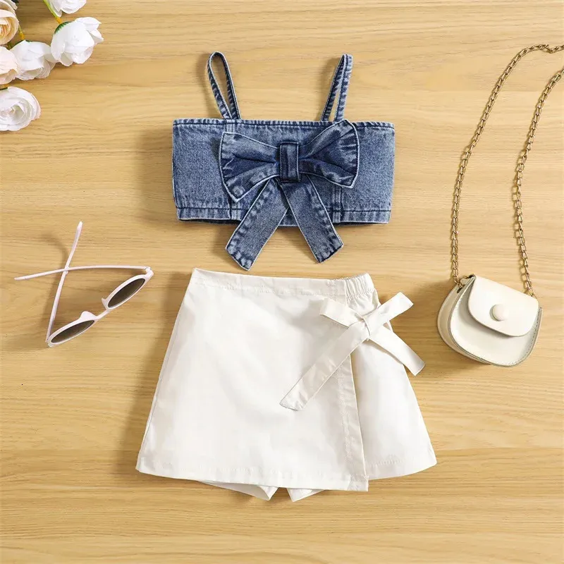 1-6Y Kids Girls Summer Clothes Set Baby Spaghetti Strap Bowknot Denim Tops Shorts Skirts Children Fashion Outfits 240425