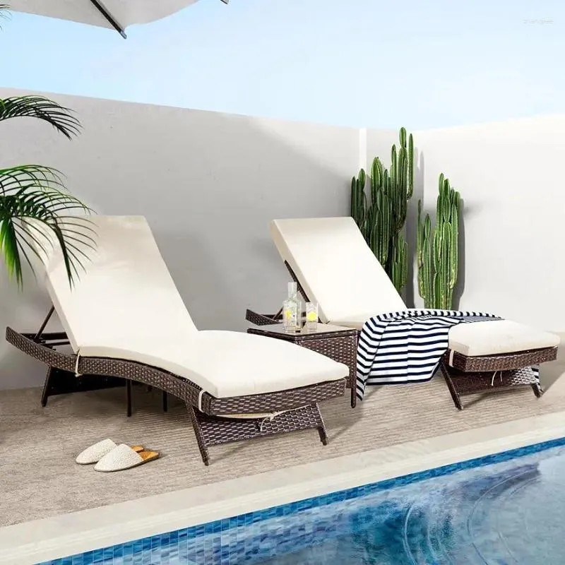 Móveis de acampamento Pamapic Patio Chaise Lounge Conjunto 3 peças com encosto ajustável e almofada removível cadeira de piscina externa