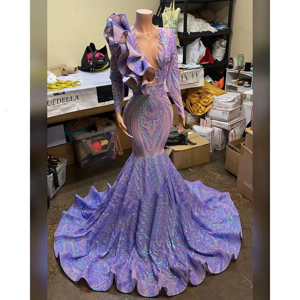 Prom Sparkling Mermaid Purple Sequins Dress Sexy V Neck Party Gowns Long Sleeves Shiny Lace Evening Dresses Robe De Soiree Vestido es estido