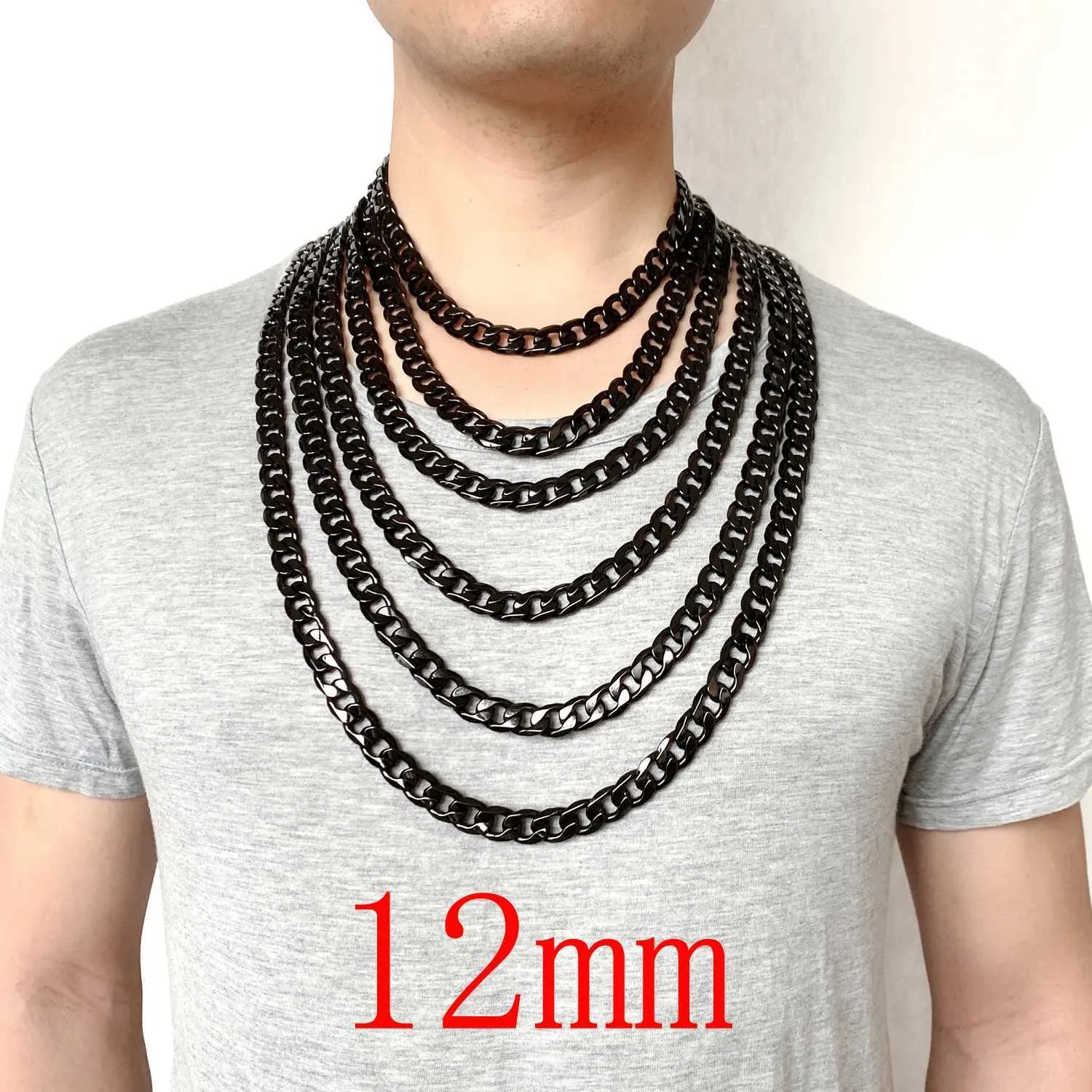 Strands 12mm Gun Black Vintage Jewelry Stainless Steel Necklace Suitable for Men Women Curled Cuban Chain Length 18 -36 Mens Necklace Direct Shipping 240424