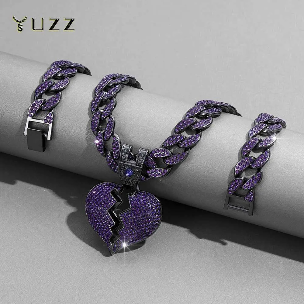 Strängar 2023 Populära herrar Hip Hop Purple Love Pendant Halsband 16mm kubansk kedja Ice Sparkling Halsband Fashion Smycken gåvor 240424