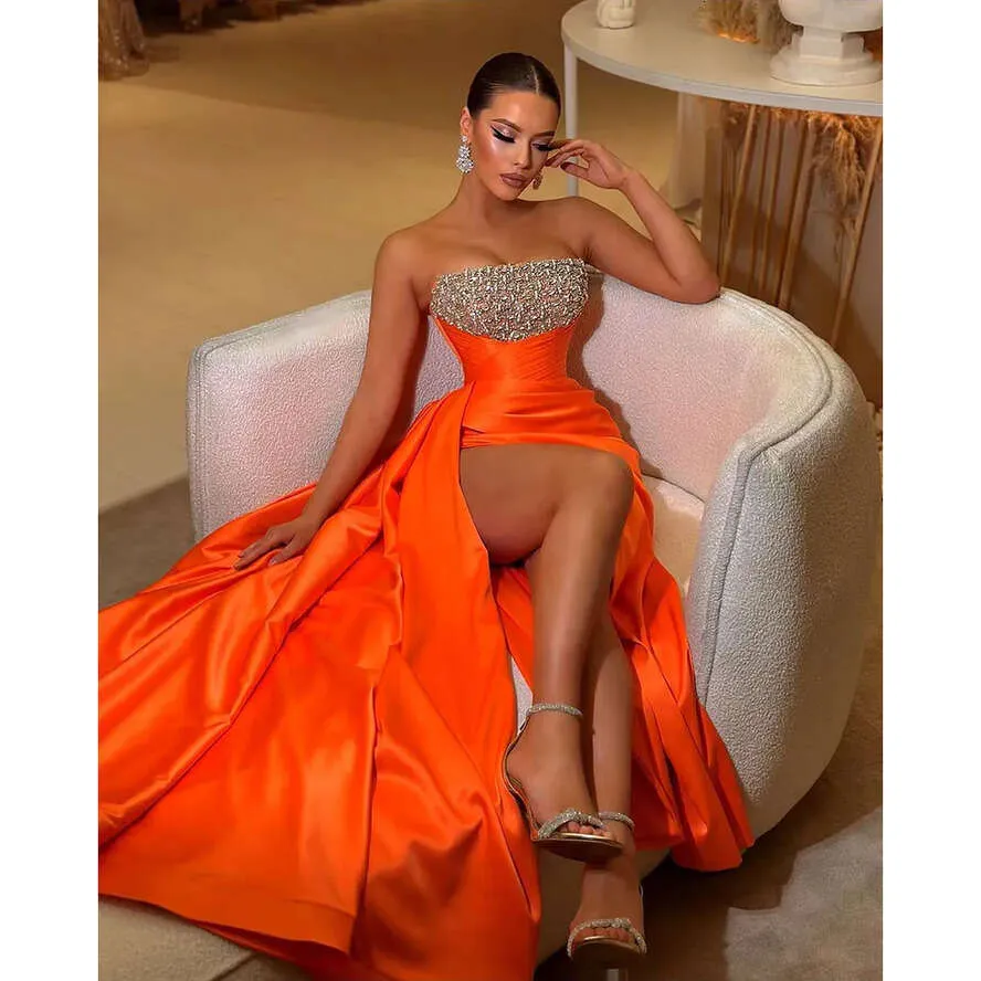 green emerald velvet dress Orange Sequined Strapless Sweetheart Neck Slit Prom Dress