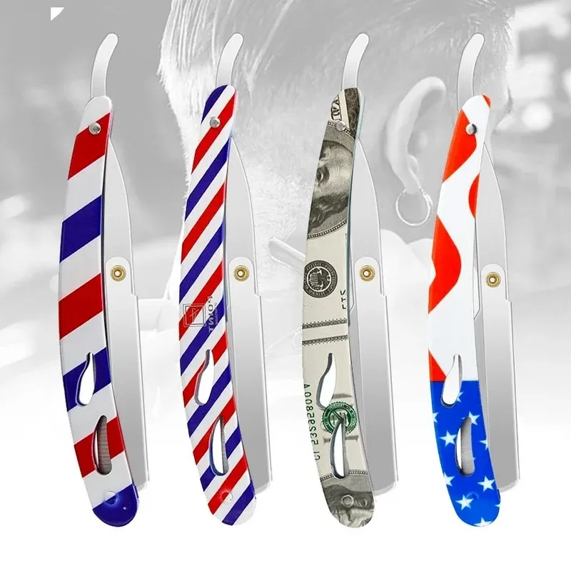 Men Classic Barber Manual Folding Beard Razor Stripes US Flag Dollar Print Stainless Steel Shaving Knife Hair Removal Tools With