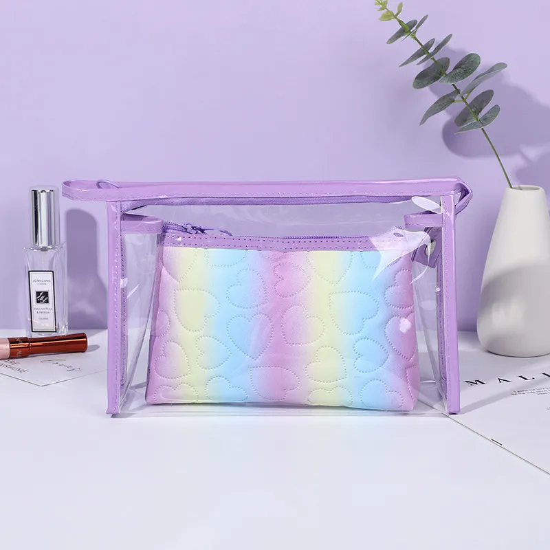 Ins Popular Colorful Love Cosmetic Bag Set Purple Gradient Love Rainbow Portable Toiletry Storage Bag