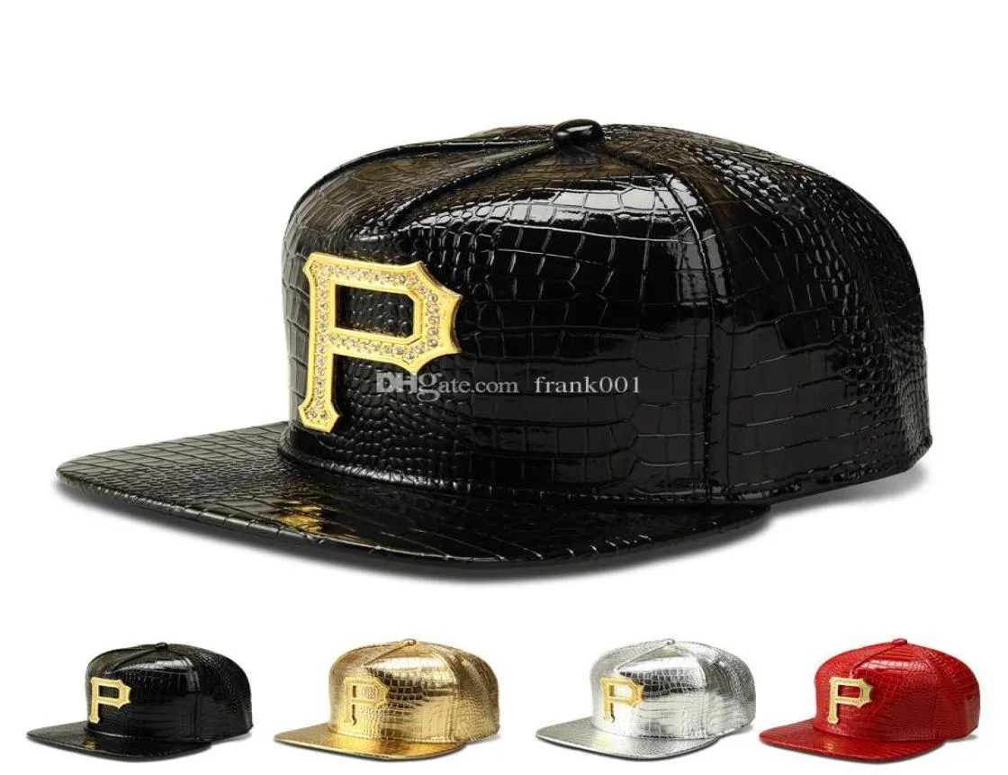 Neuer Stil P Logo Golden PU Leder Snapback Baseball Caps Diamond Crocodile Getreide Männer Frauen DJ Rap Sport Hip Hop Hats8193603
