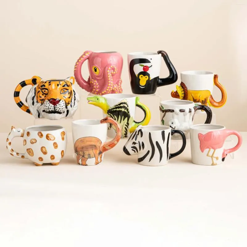 Mokken keramische 3D -hand getrokken tijger flamingo cup dieren eetkast waterbalk mooi item