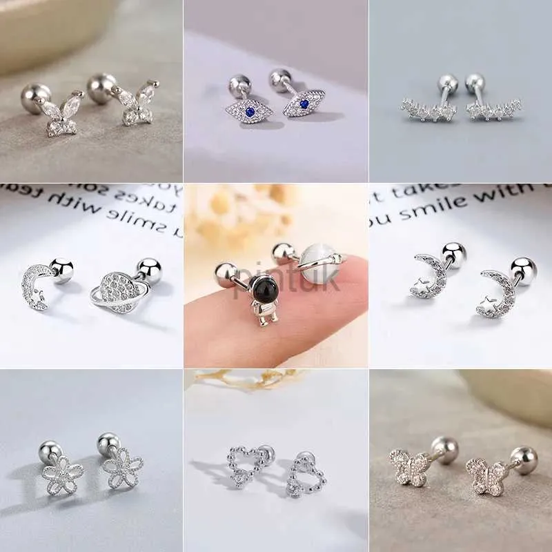 Stud Silver Color Screw Back Helix Piercing Stud Earrings For Women Cubic Zirconia 925 Silver Needles Cartilage Earring Jewelry 2pcs d240426