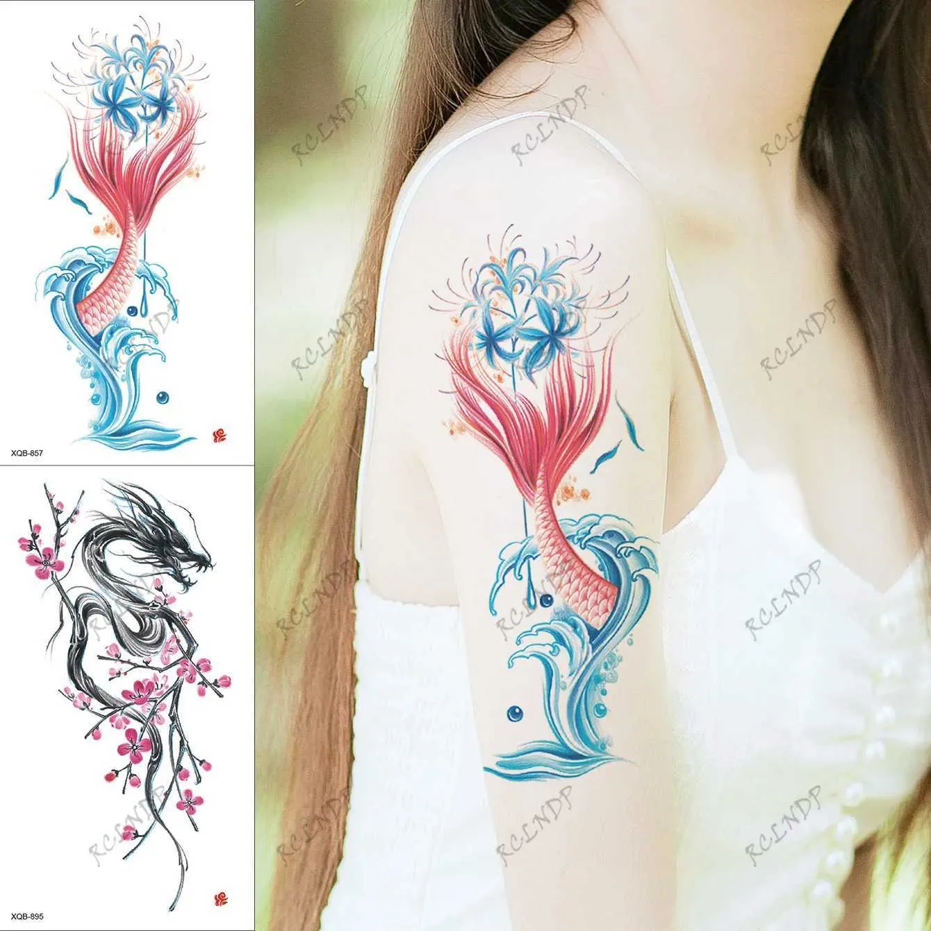 Transfert de tatouage 2pcs étanche à tatouage temporaire étagère à la queue de poisson fleur dragon faux tatou flash tatoo bras arrière cuisses tato pour femmes 240426