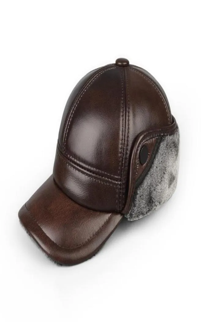 高品質の本革の帽子冬のファーストレイヤー牛皮暖かいイヤーマフボンバーキャップとベルベットの厚いマンボーンキャップパパハット7377119