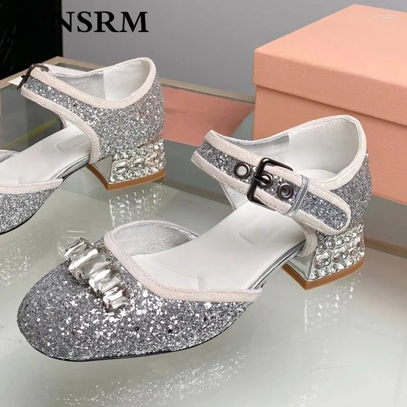 Zapatos de vestir Sandalias de tacón de cristal Mujeres Rehinestones de lentejuelas Hebilla del cinturón de cuero genuino Mary Jane Ballet Shallow Ballet Pista