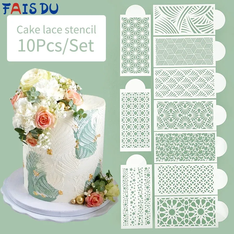 Moulds FAIS DU 10pcs New Fondant Cake Stencils Mesh Embossing for Baking Decorating Tool Spray Mold Cookies Plastic Templates Moulds