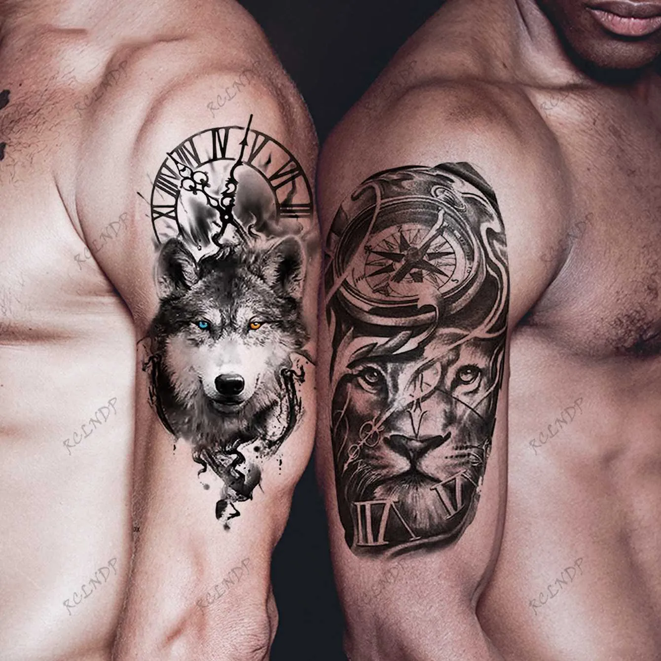Transfert de tatouage étanche à tatouage temporaire choul wolf tigre lion thel the the the horloge flower faux tatou flash tatoo bras tato for hommes 240426